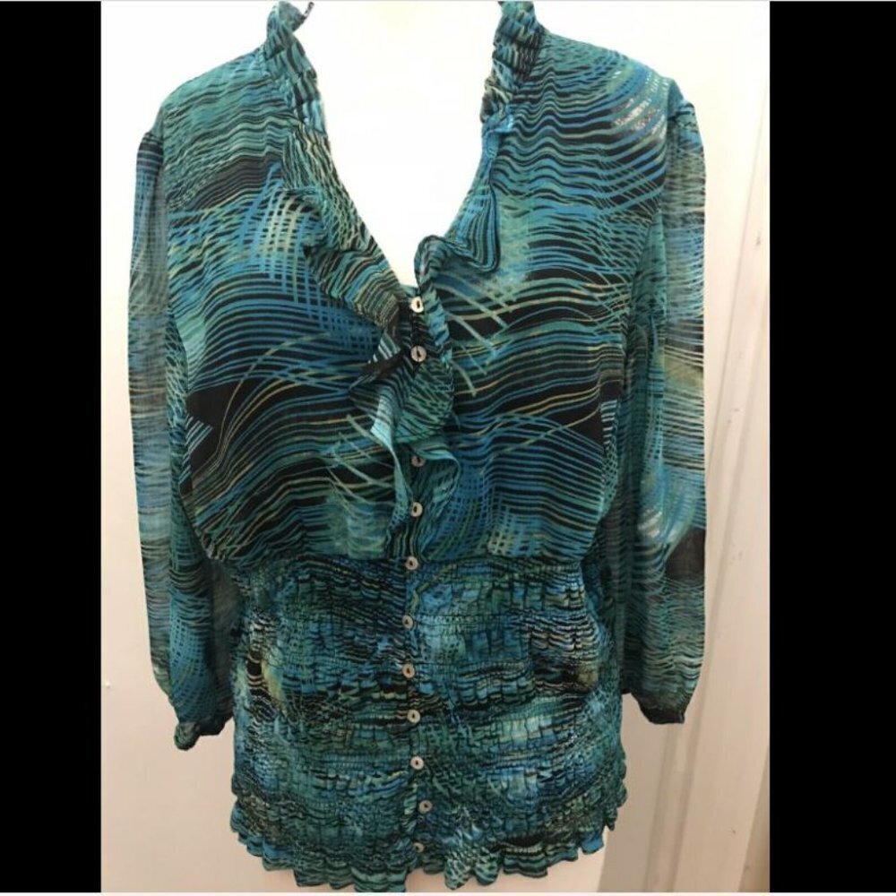 CATO GREEN SHADES SILKY SHEER LINED ELASTIC RUFFLED TOP SIZE XL    B2